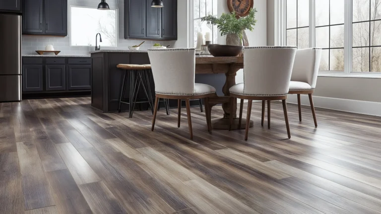 Contemporary kitchen with a wooden dining table and chairs, showcasing elegant flooring.